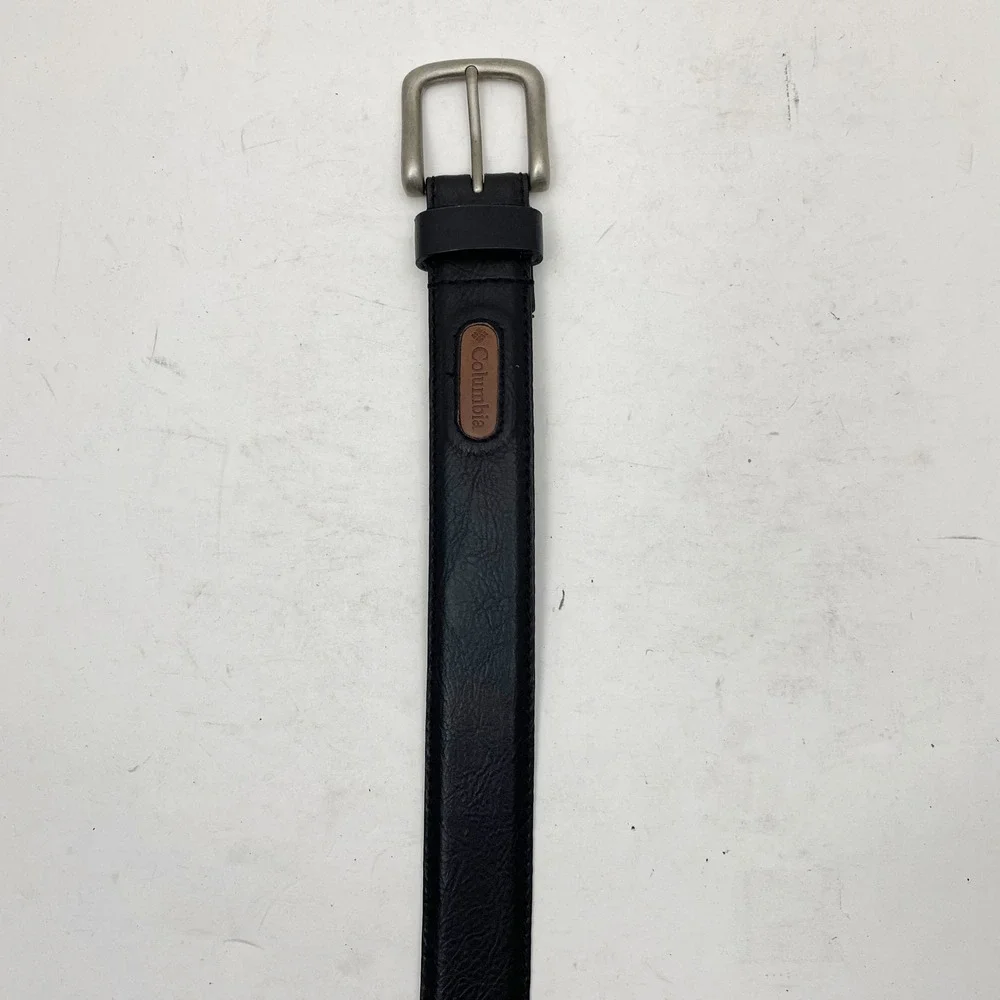 Columbia Black Synthetic Leather Belt Mens Size 40‎ Brushed Silver Buckle